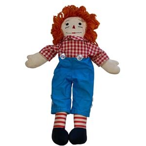 Vintage Raggedy Ann Doll Red Gingham Shirt Blue‎ Overalls Striped Socks Toy